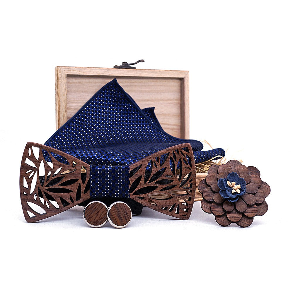Wooden bow tie, wooden handmade bow tie, men's wooden bow tie, cufflinks, chest flower square scarf, 4-piece set