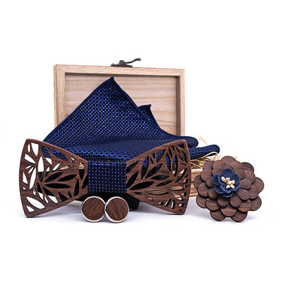 Wooden bow tie, wooden handmade bow tie, men's wooden bow tie, cufflinks, chest flower square scarf, 4-piece set