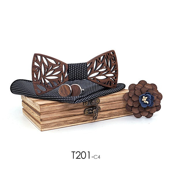 Wooden bow tie, wooden handmade bow tie, men's wooden bow tie, cufflinks, chest flower square scarf, 4-piece set
