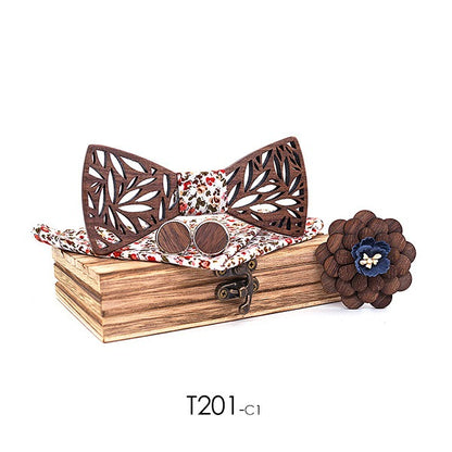Wooden bow tie, wooden handmade bow tie, men's wooden bow tie, cufflinks, chest flower square scarf, 4-piece set