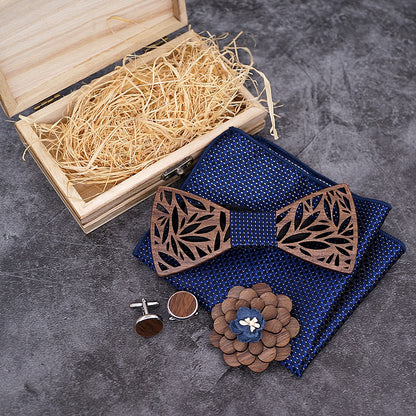 Wooden bow tie, wooden handmade bow tie, men's wooden bow tie, cufflinks, chest flower square scarf, 4-piece set