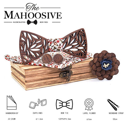 Wooden bow tie, wooden handmade bow tie, men's wooden bow tie, cufflinks, chest flower square scarf, 4-piece set