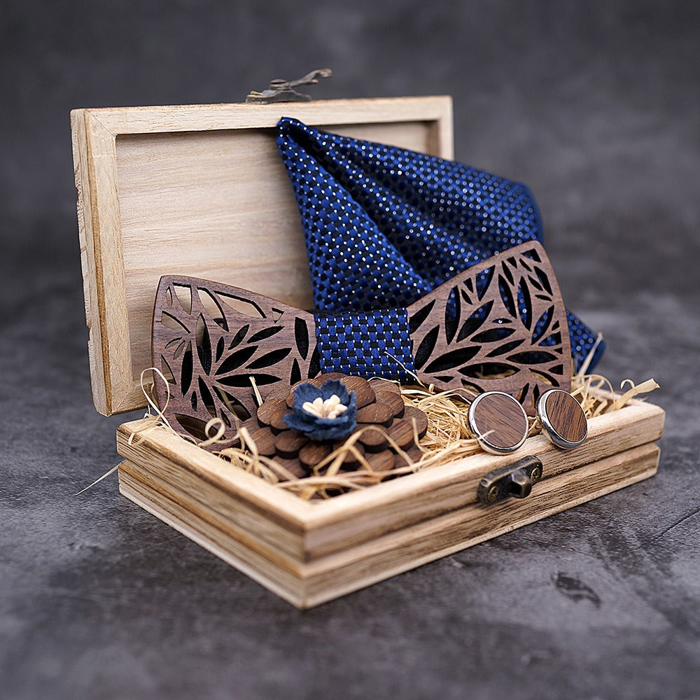 Wooden bow tie, wooden handmade bow tie, men's wooden bow tie, cufflinks, chest flower square scarf, 4-piece set