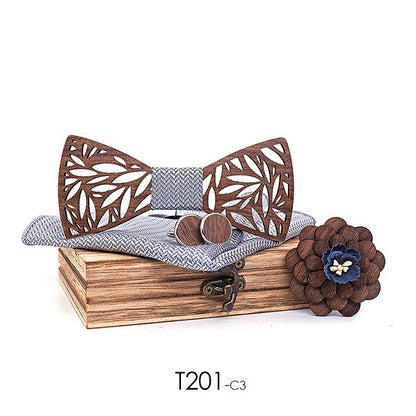 Wooden bow tie, wooden handmade bow tie, men's wooden bow tie, cufflinks, chest flower square scarf, 4-piece set