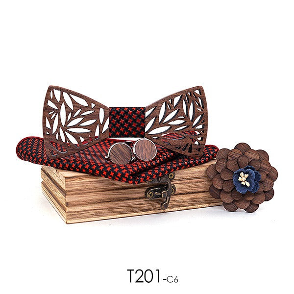 Wooden bow tie, wooden handmade bow tie, men's wooden bow tie, cufflinks, chest flower square scarf, 4-piece set