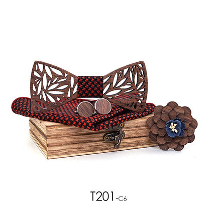 Wooden bow tie, wooden handmade bow tie, men's wooden bow tie, cufflinks, chest flower square scarf, 4-piece set